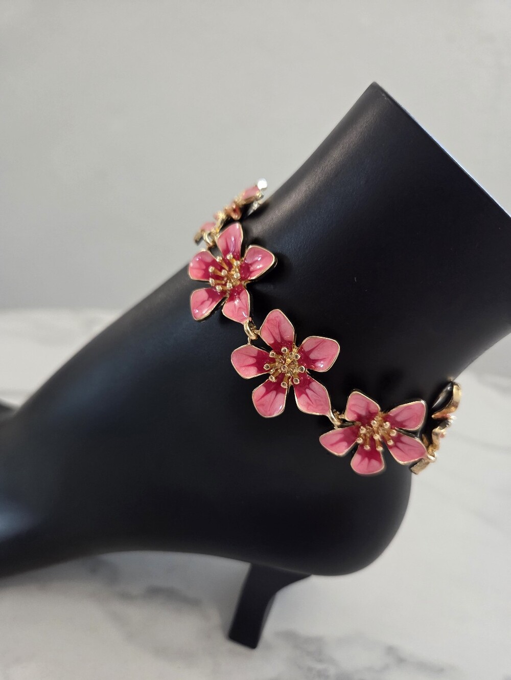 Pink Floral Enamel Gold Tone Anklet Statement Beach Jewelry - Picture 3 of 11